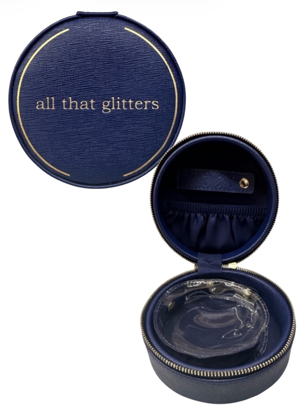 MUD PIE Navy Blue Round Jewelry Case imprinted with “all that glitters”